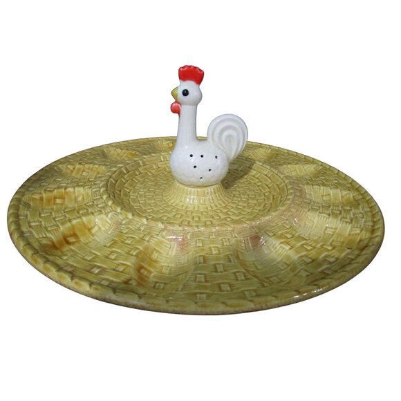 Vintage Ceramic Rooster Hen Chicken Basket Weave Deviled Egg Plate EUC - Picture 2 of 16